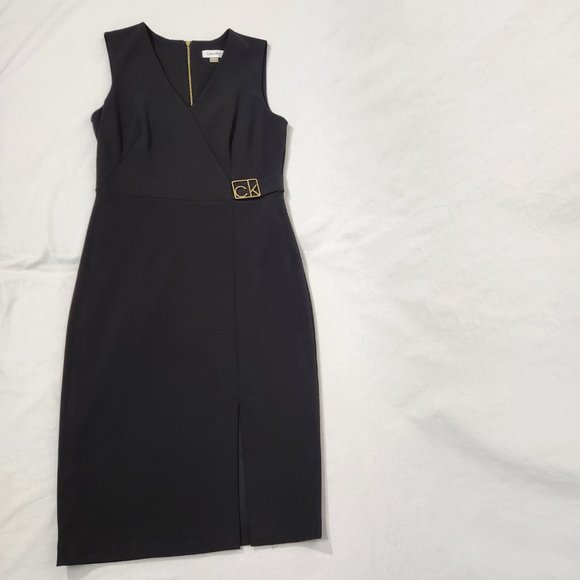 CALVIN KLEIN Minimalist Stretchy Sleeveless Gold MK Black Dress Size 6 LIKE NEW! - Picture 4 of 16